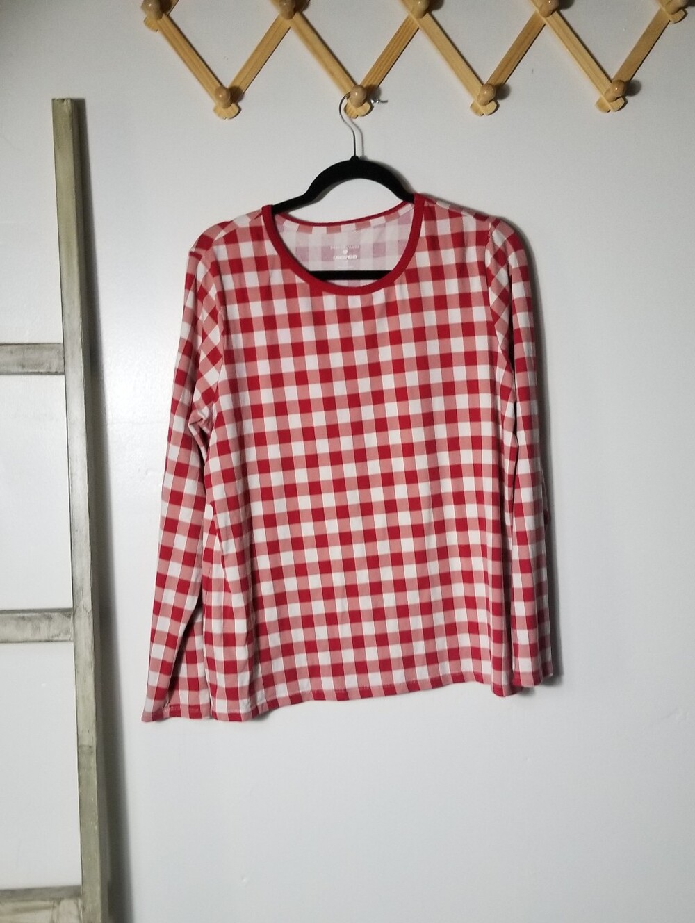 DRAPER JAMES LANDS END WOMEN'S RED GINGHAM LOUNGE SHIRT SIZE LARGE/PETITE